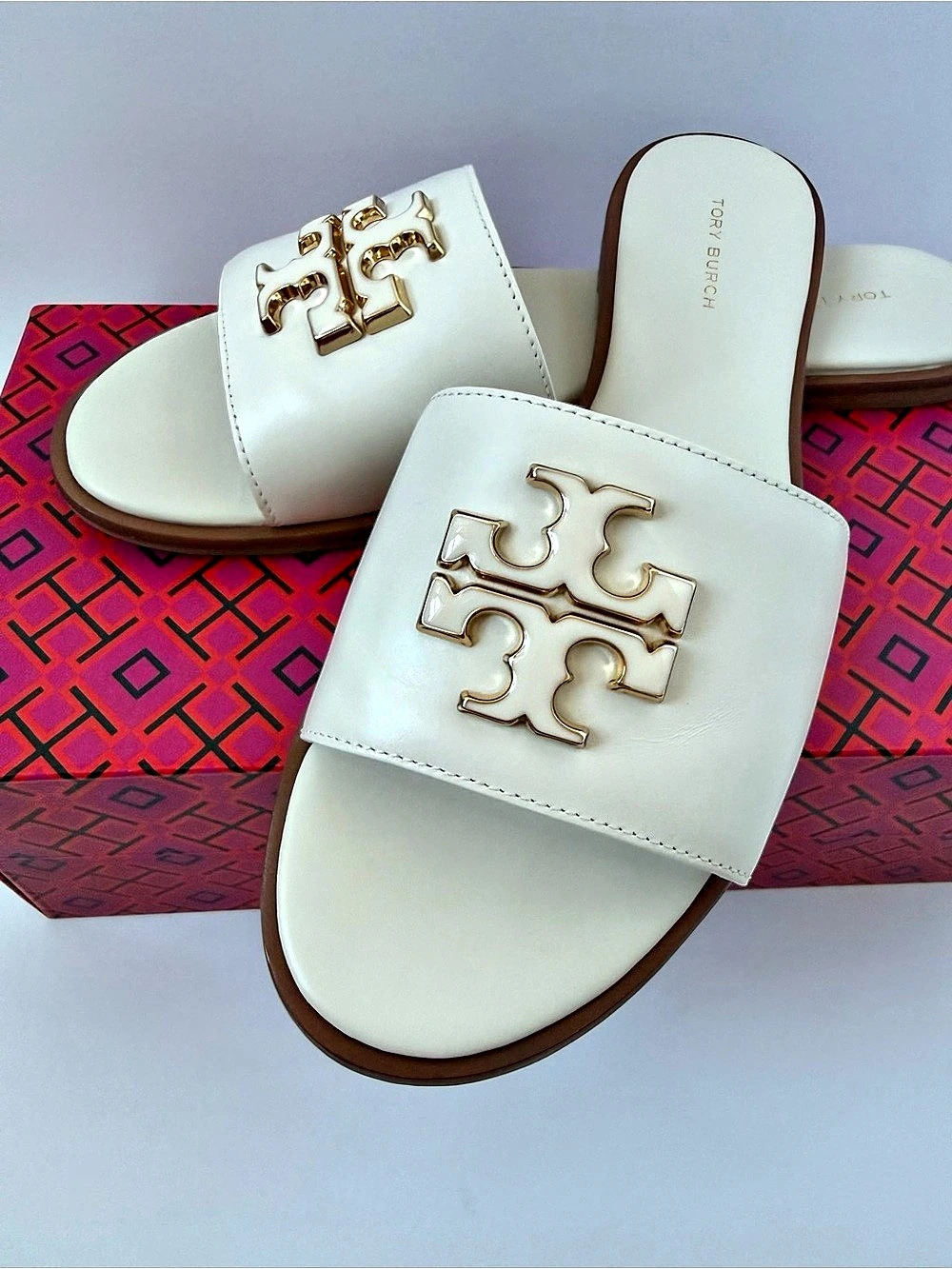 Tory Burch Everly Slide New Ivory Leather Sandals 8.5 Like New